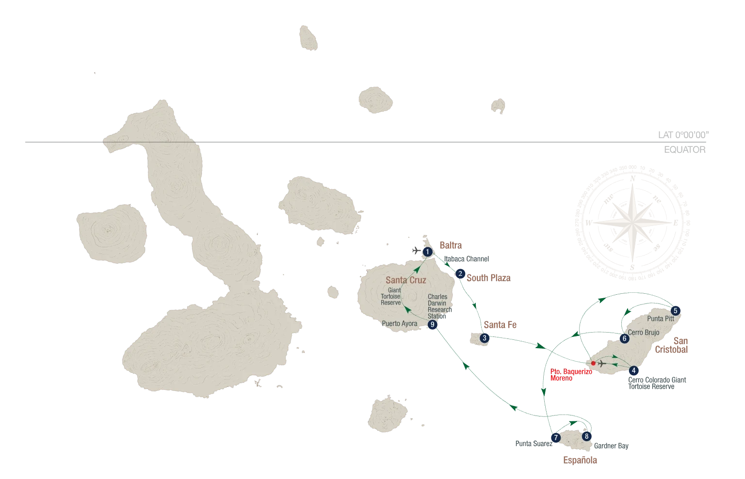 Route map of Yacht La Pinta's eastern itinerary in the Galapagos highlighting key stops.