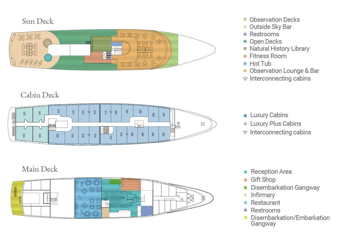 Deck plans of Yacht La Pinta showcasing amenities and cabins for a luxurious stay at Santa Fe Galapagos Islands with sea lions.